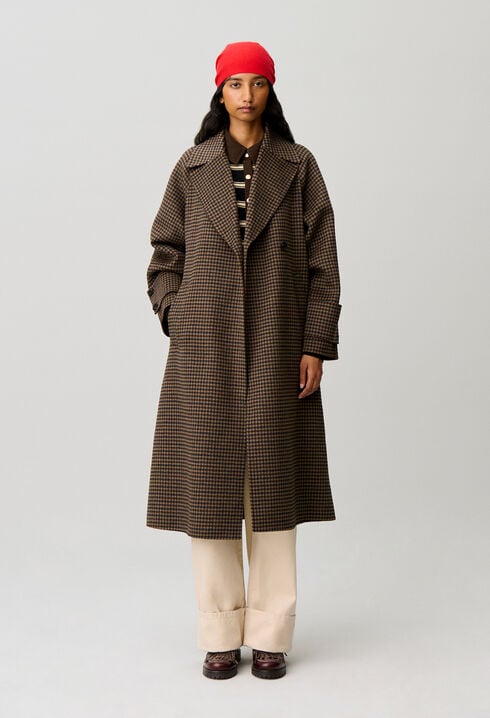Manteau mi-long carreaux ceinture