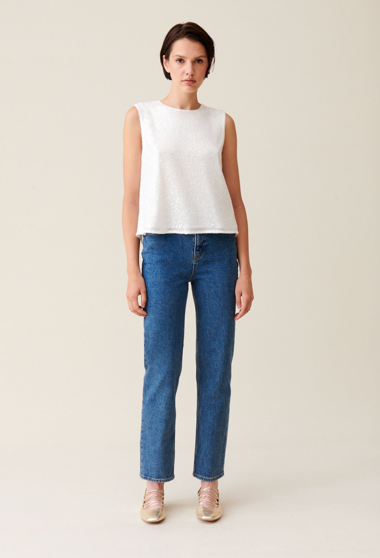 Top sans manches sequins écru