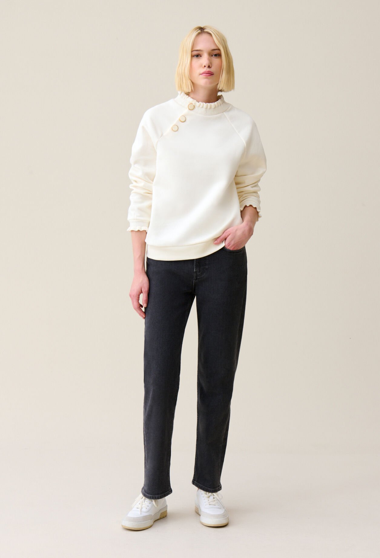 Sweatshirt Tape col boutonné ivoire