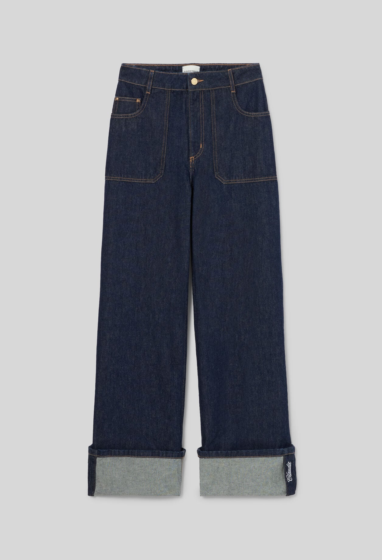 Jean jambes larges denim revers brod&eacute;