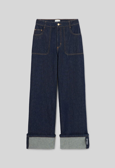 Jean jambes larges denim revers brod&eacute;