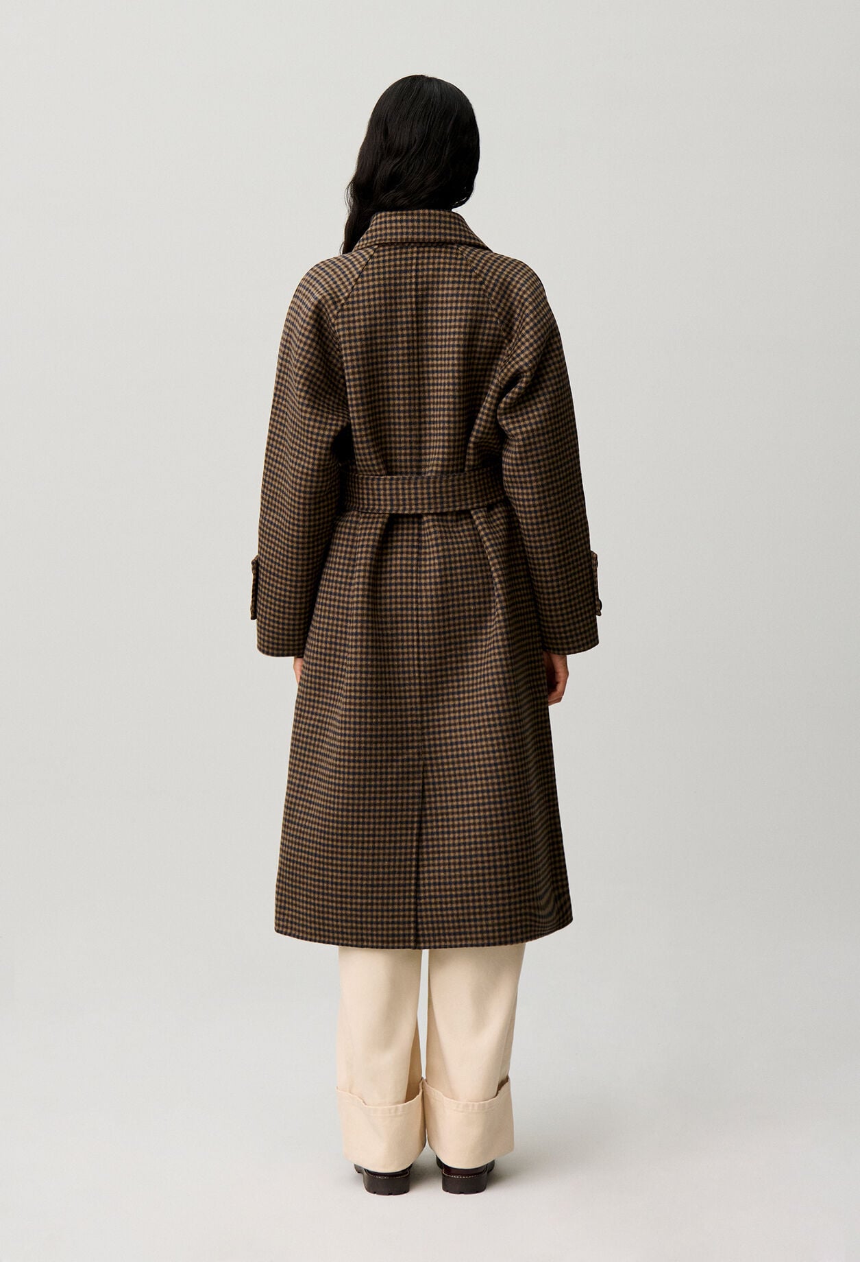 Manteau mi-long carreaux ceinture