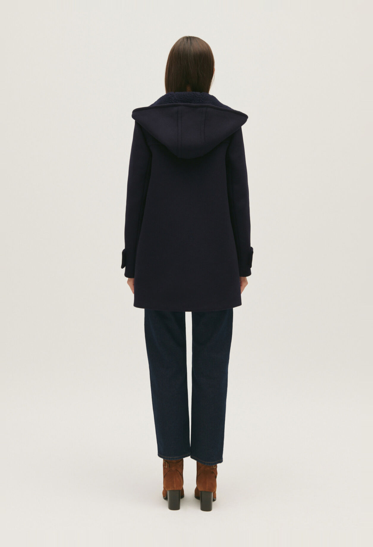 Manteau marine capuche laine mélangée