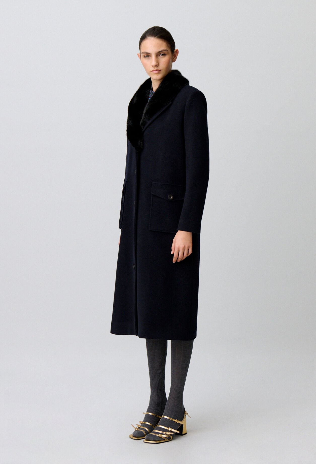 Manteau long laine col fausse fourrure