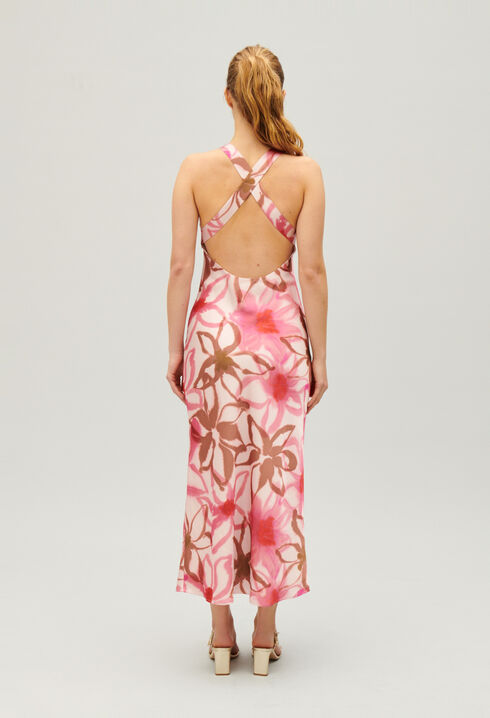 Robe longue satin&eacute;e imprim&eacute;e