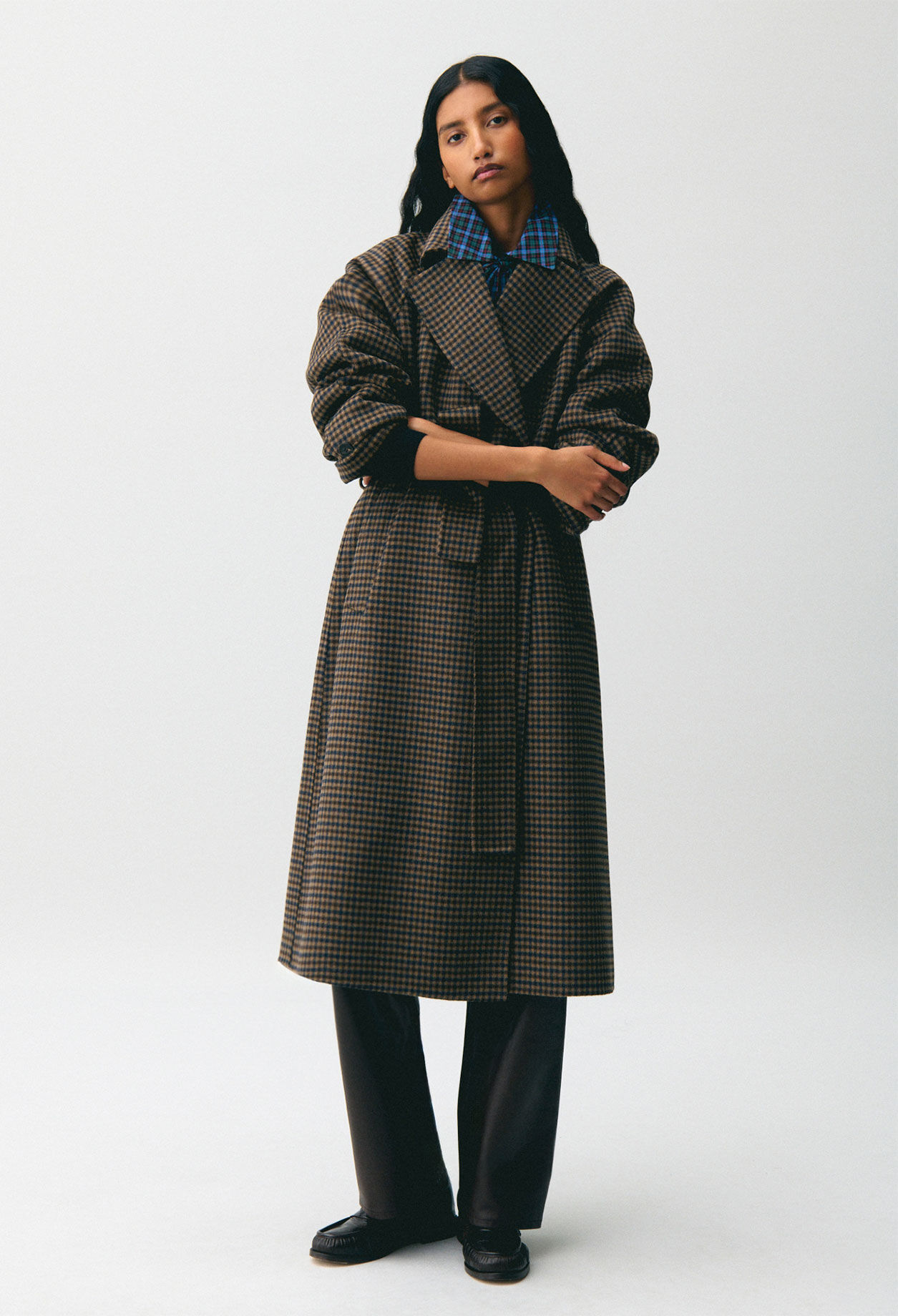 Manteau mi-long carreaux ceinture