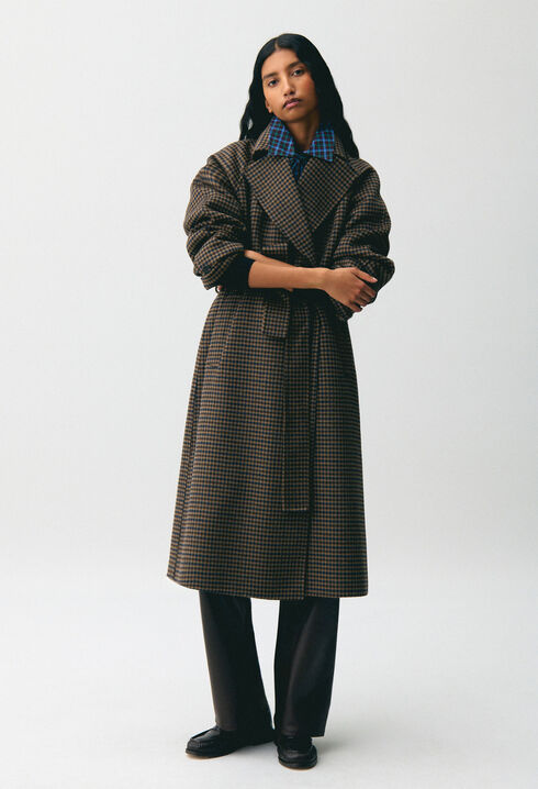 Manteau mi-long carreaux ceinture