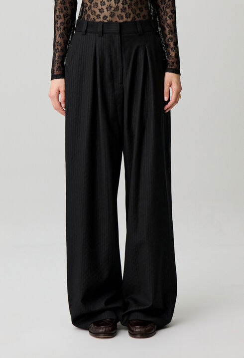 Pantalon droit laine m&eacute;lang&eacute;e rayures