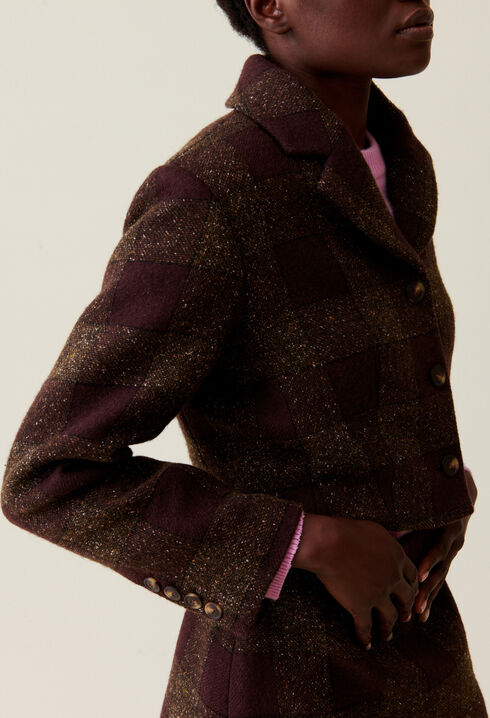 Veste courte carreaux boutonn&eacute;e