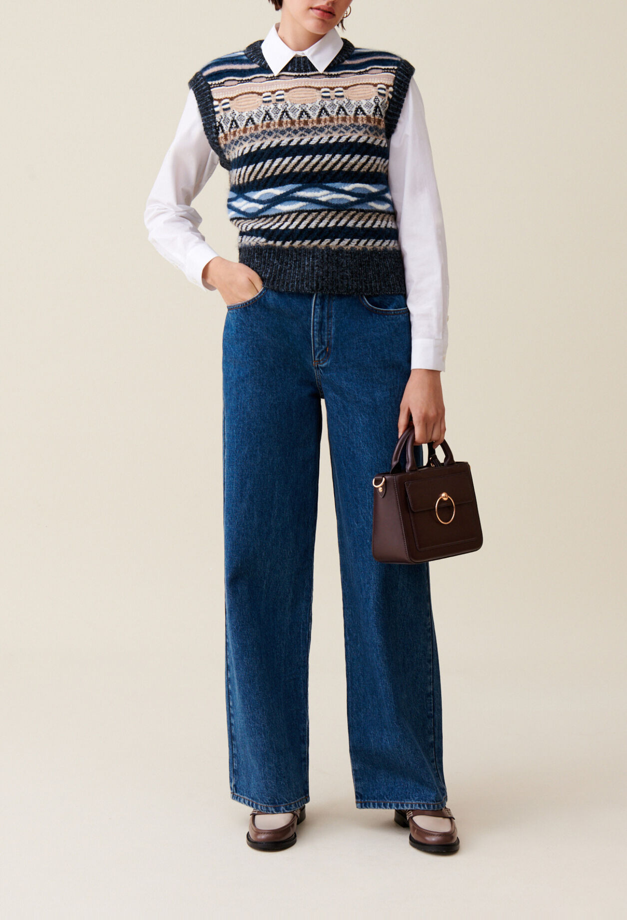 Pull sans manches rayures &agrave; motifs