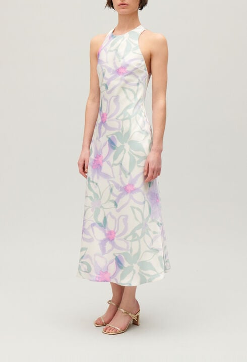 Robe longue satinée imprimée