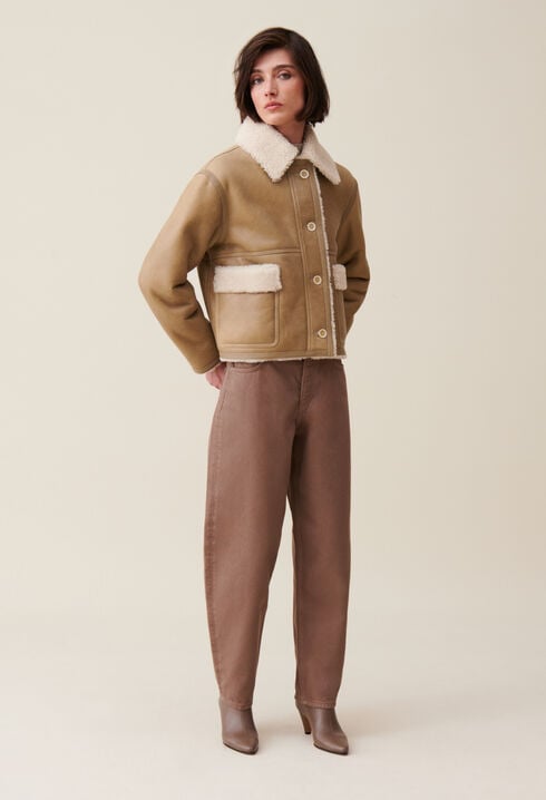 Veste peau lainée courte beige