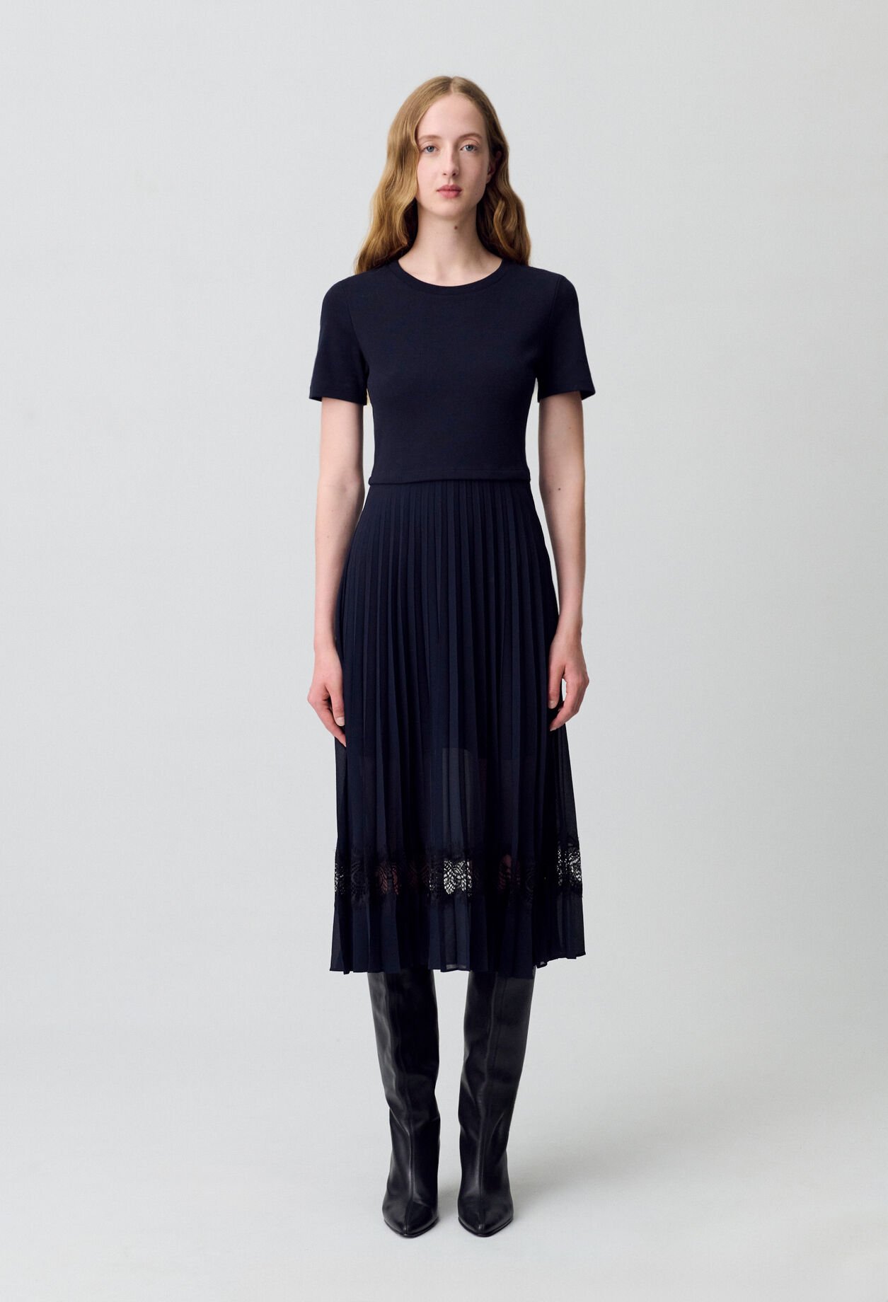 Robe midi bi-matière noire et marine 