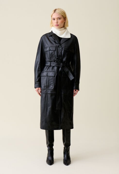 Trench-coat cuir col tailleur