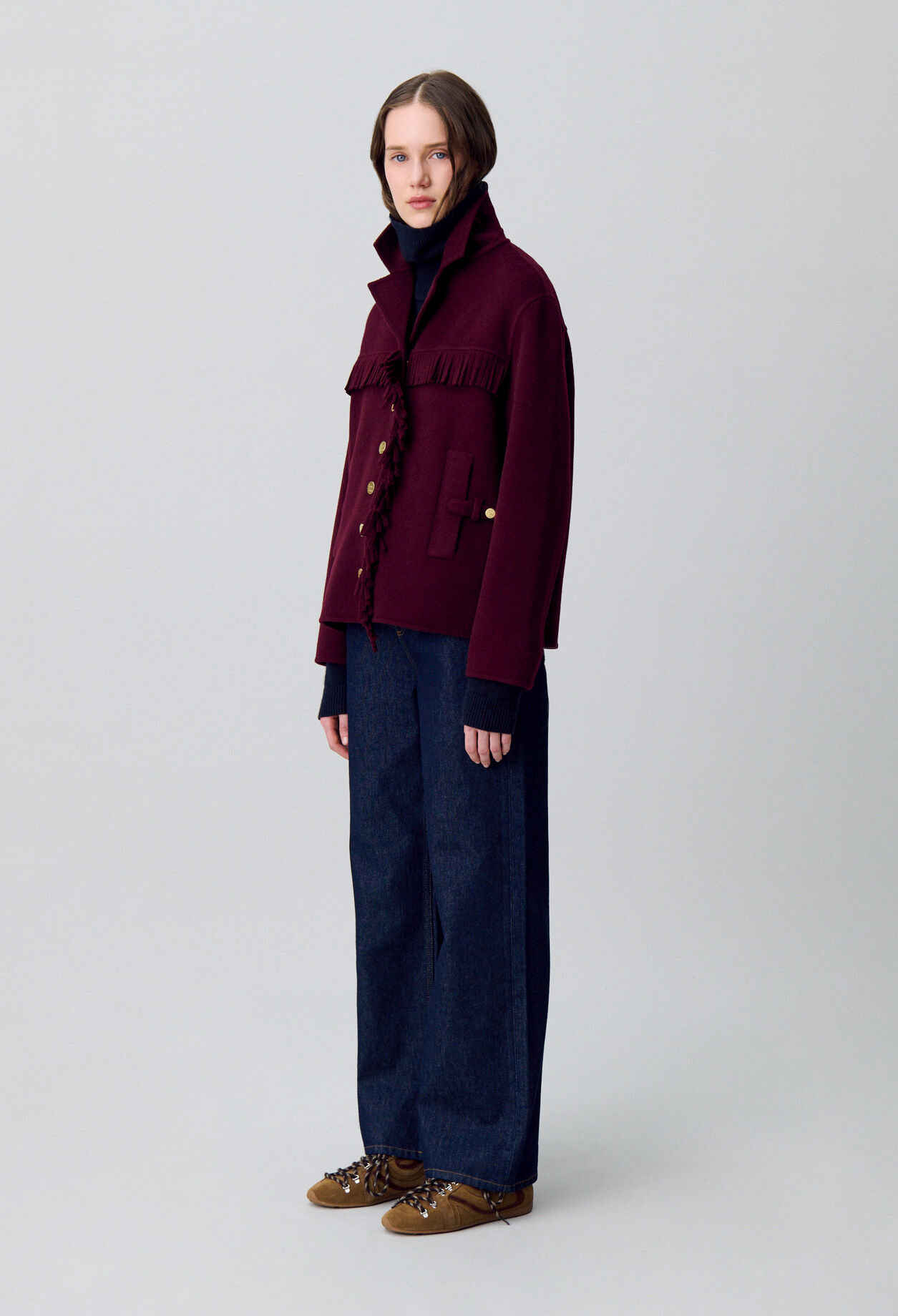 Manteau court laine franges