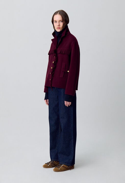 Manteau court laine franges