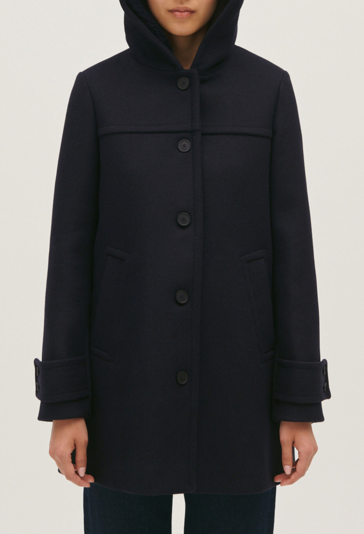 Manteau marine capuche laine mélangée