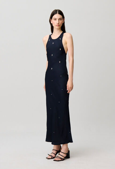 Robe longue satin brod&eacute; perles strass