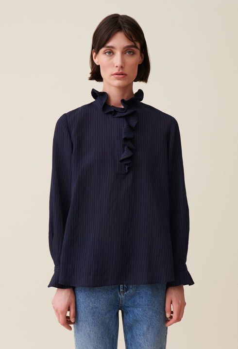 Blouse rayée volants bleu foncé