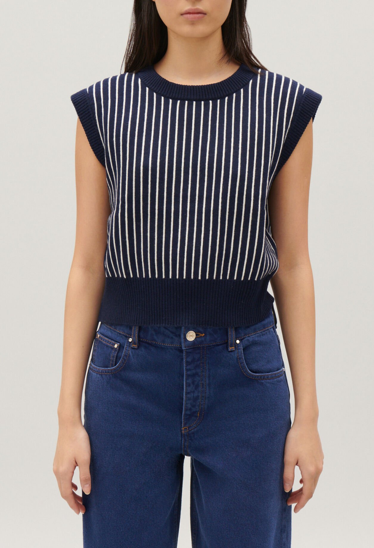 Pull sans manches maille rayée