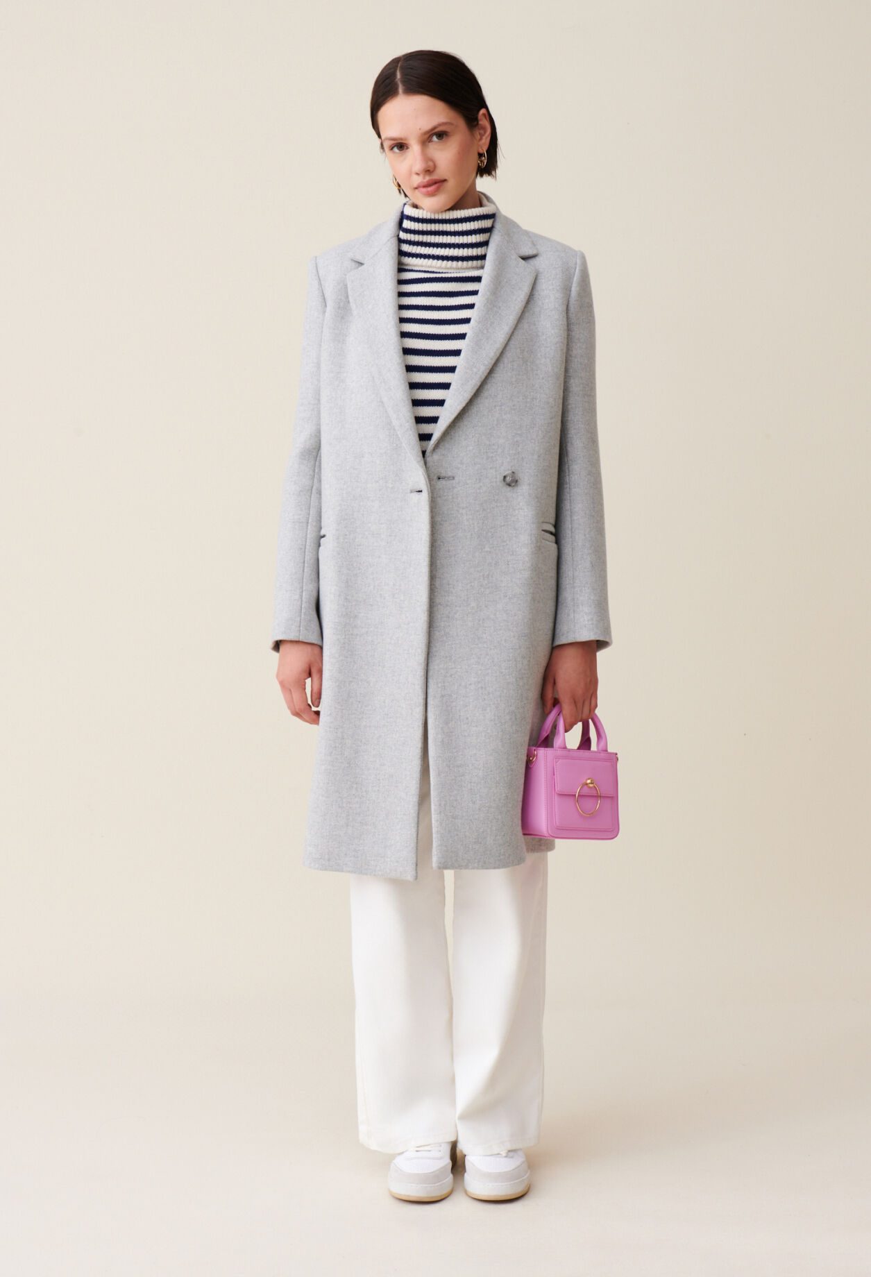 Manteau mi long tailleur gris clair