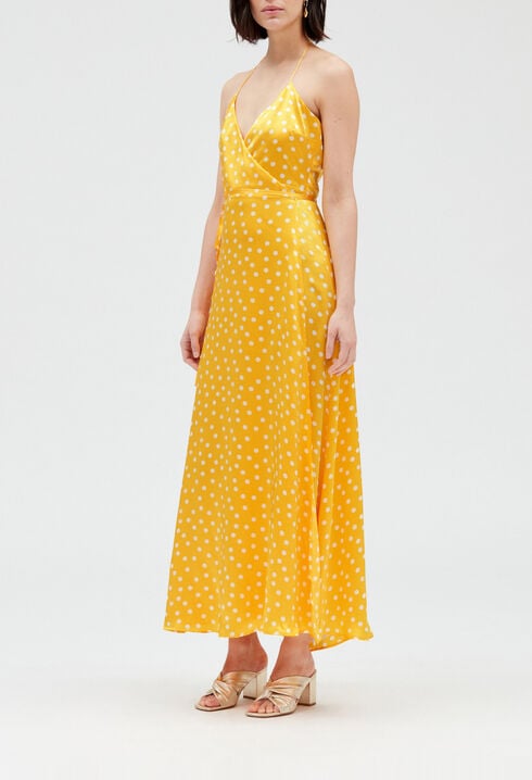 Robe longue portefeuille soie jaune