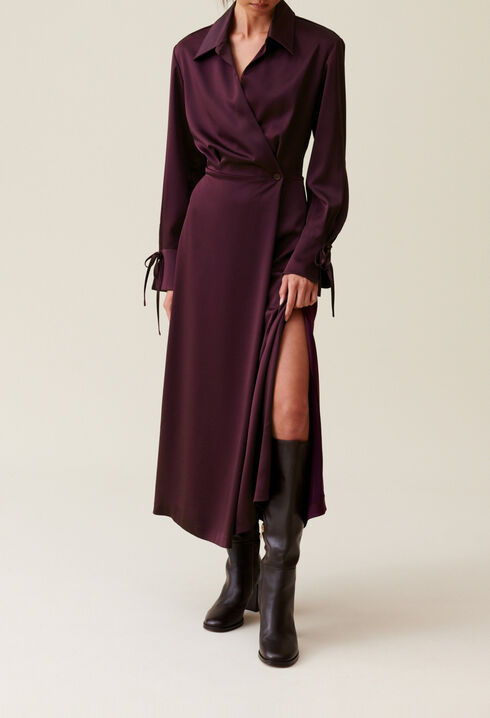 Robe longue fluide crois&eacute;e bordeaux