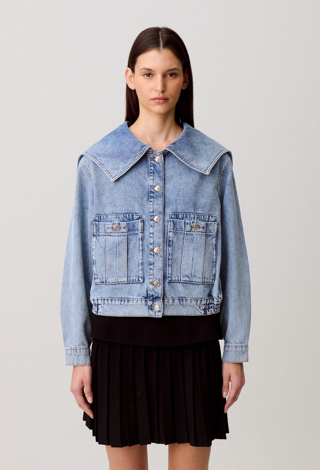 Veste Jean col vareuse denim clair