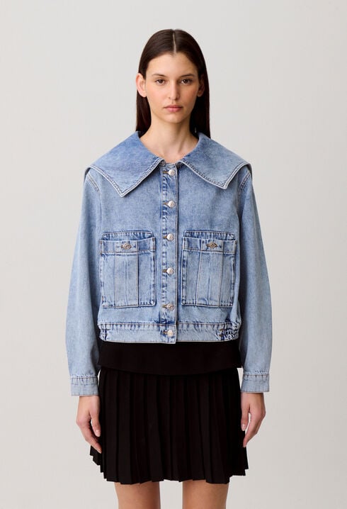 Veste Jean col vareuse denim clair