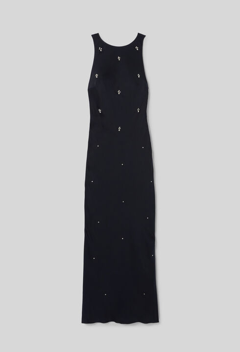 Robe longue satin brod&eacute; perles strass