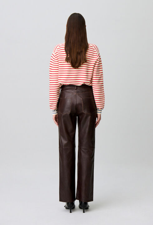Pantalon droit cuir bouton dor&eacute;