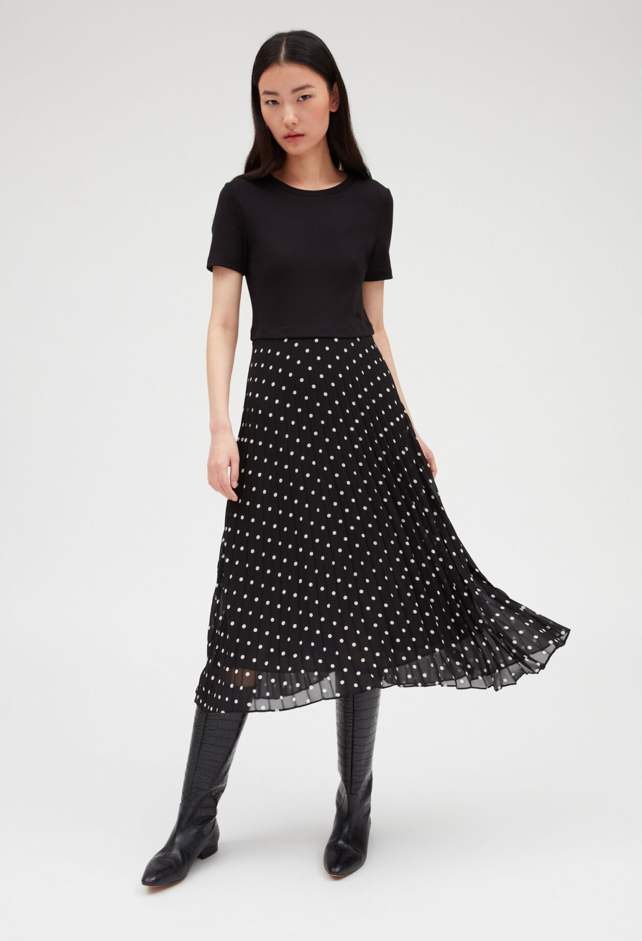 Robe midi bicolore à pois