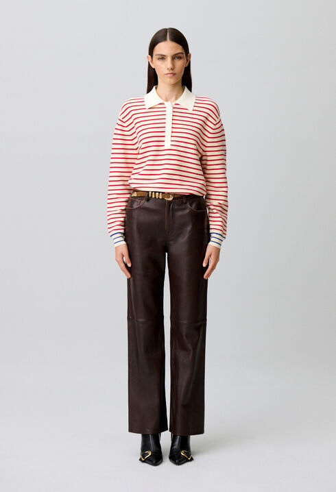 Pantalon droit cuir bouton dor&eacute;
