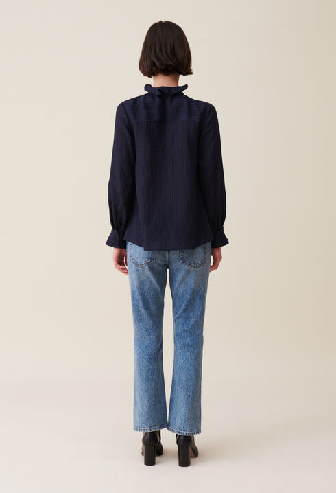Blouse rayée volants bleu foncé