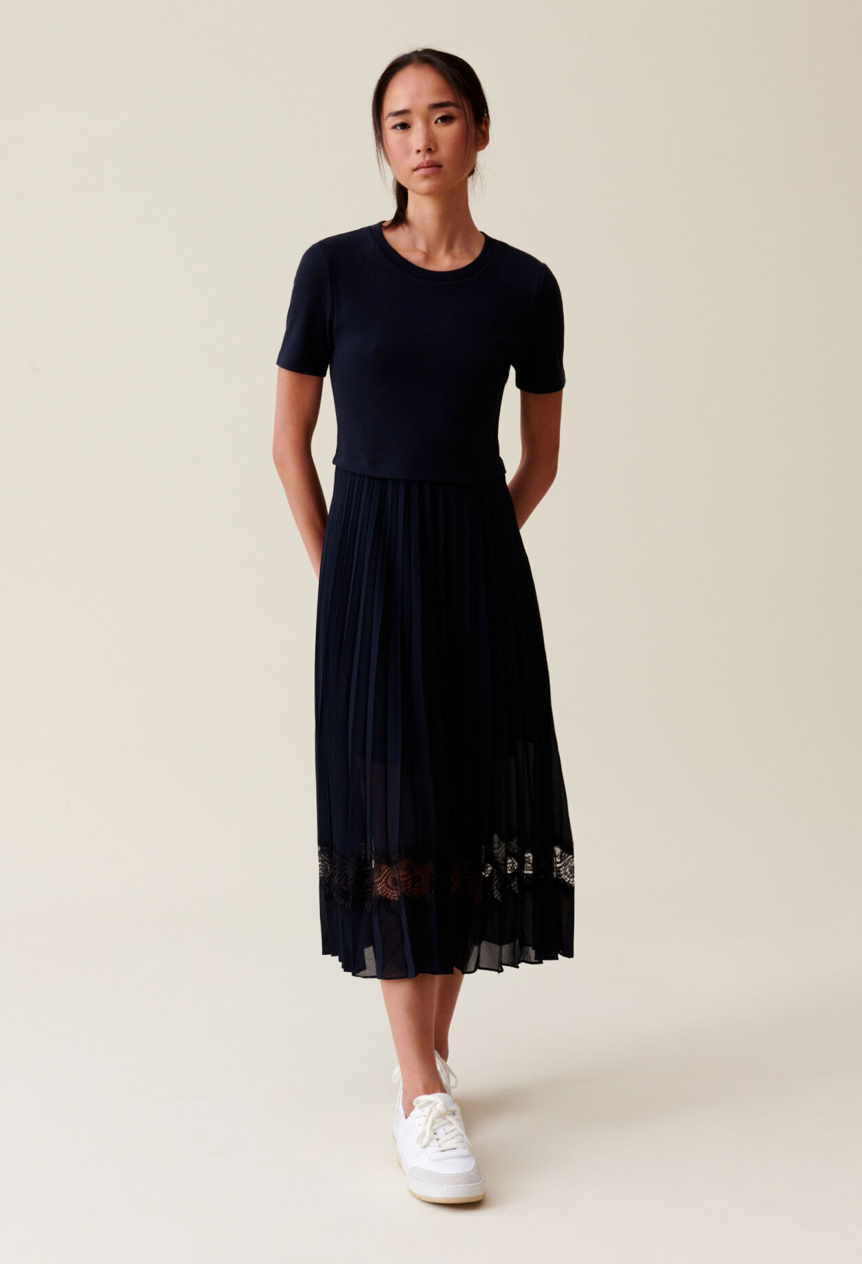 Robe midi bi matiere noire et marine