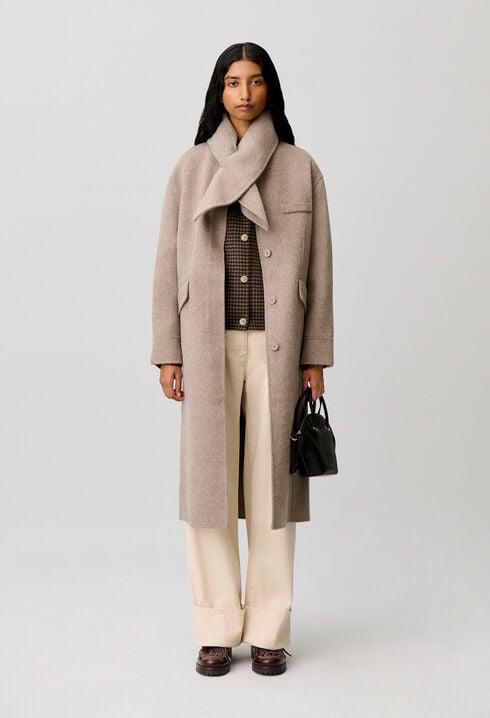 Manteau long laine col foulard
