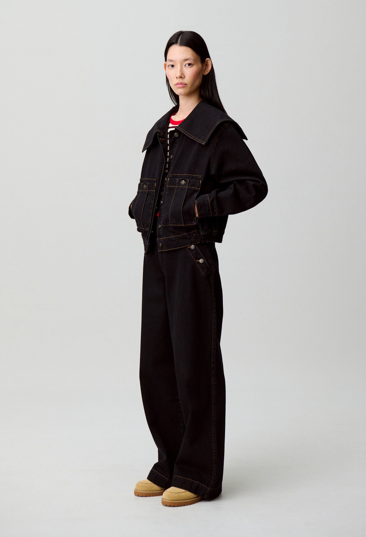 Veste jean col vareuse denim noir