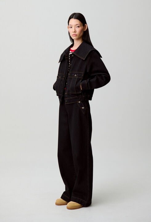 Veste jean col vareuse denim noir