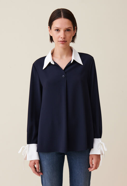 Blouse fluide marine col contrasté