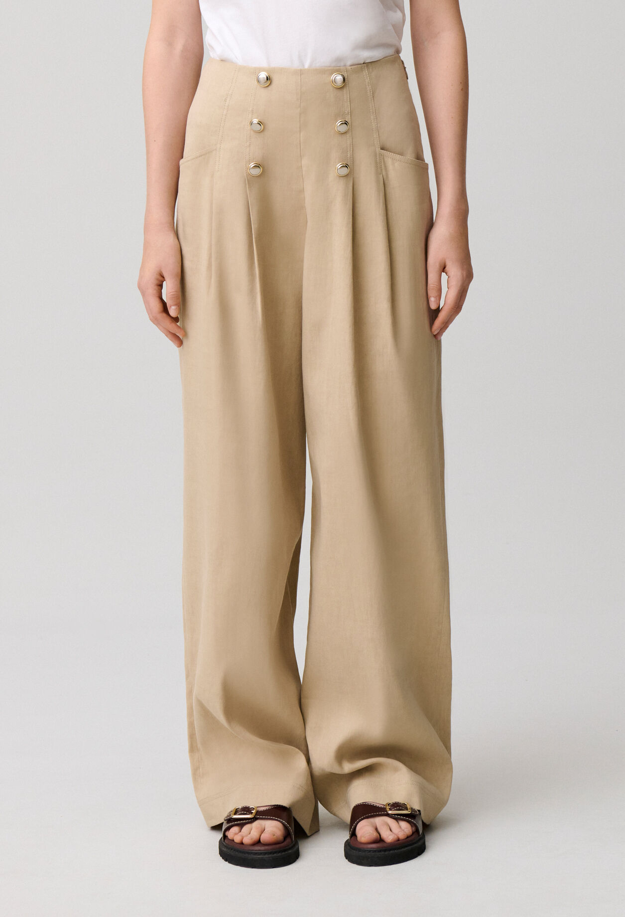 Pantalon lin &agrave; boutons