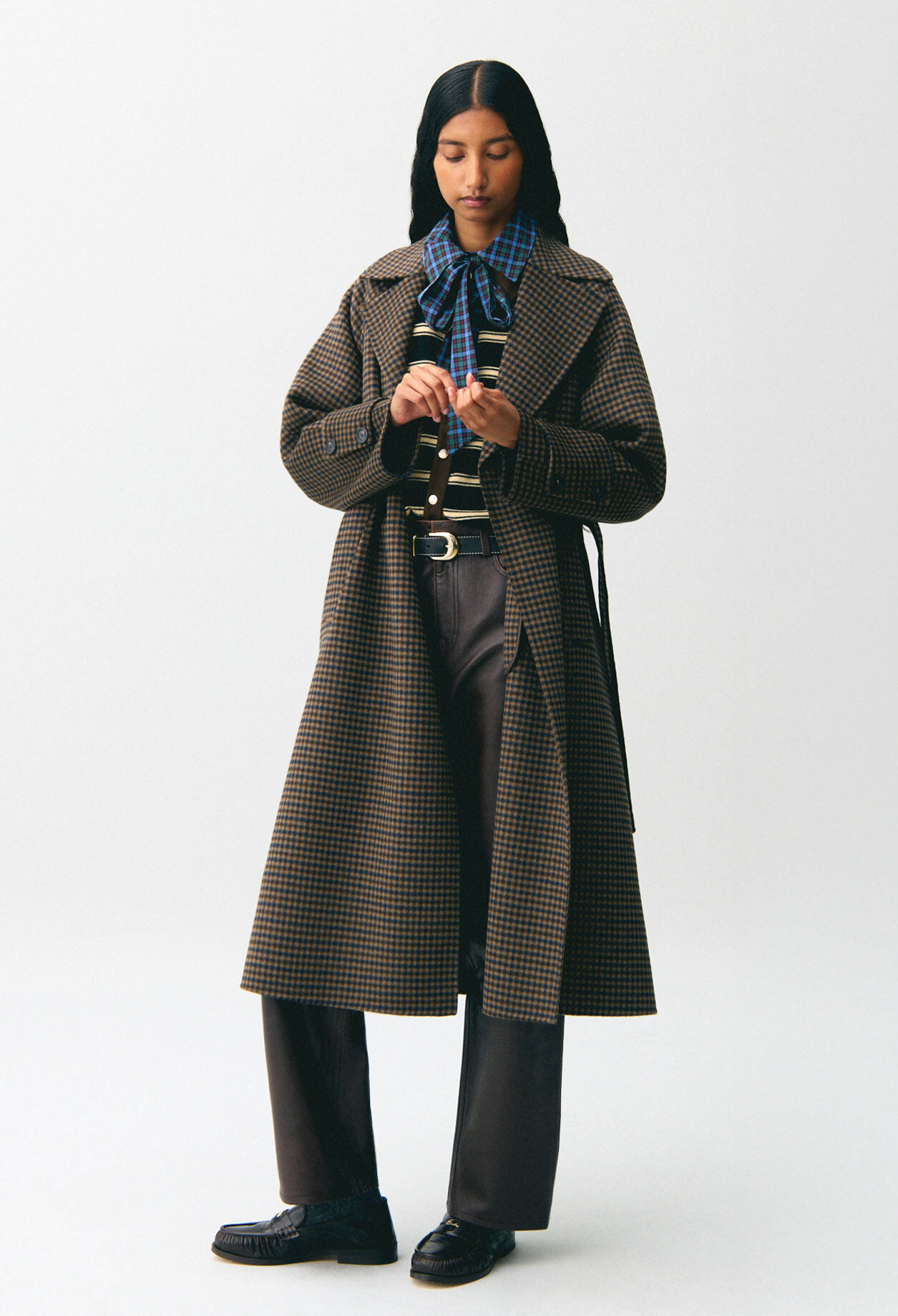 Manteau mi-long carreaux ceinture