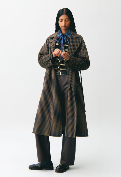Manteau mi-long carreaux ceinture