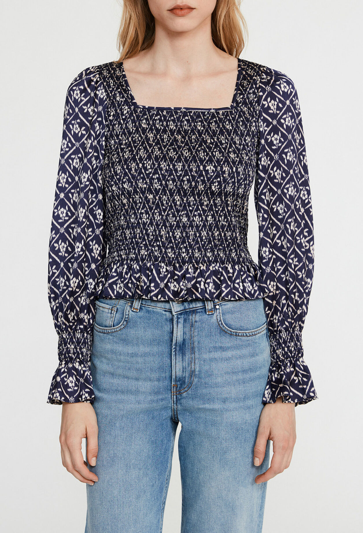 Blouse bleue imprimée à encolure carré