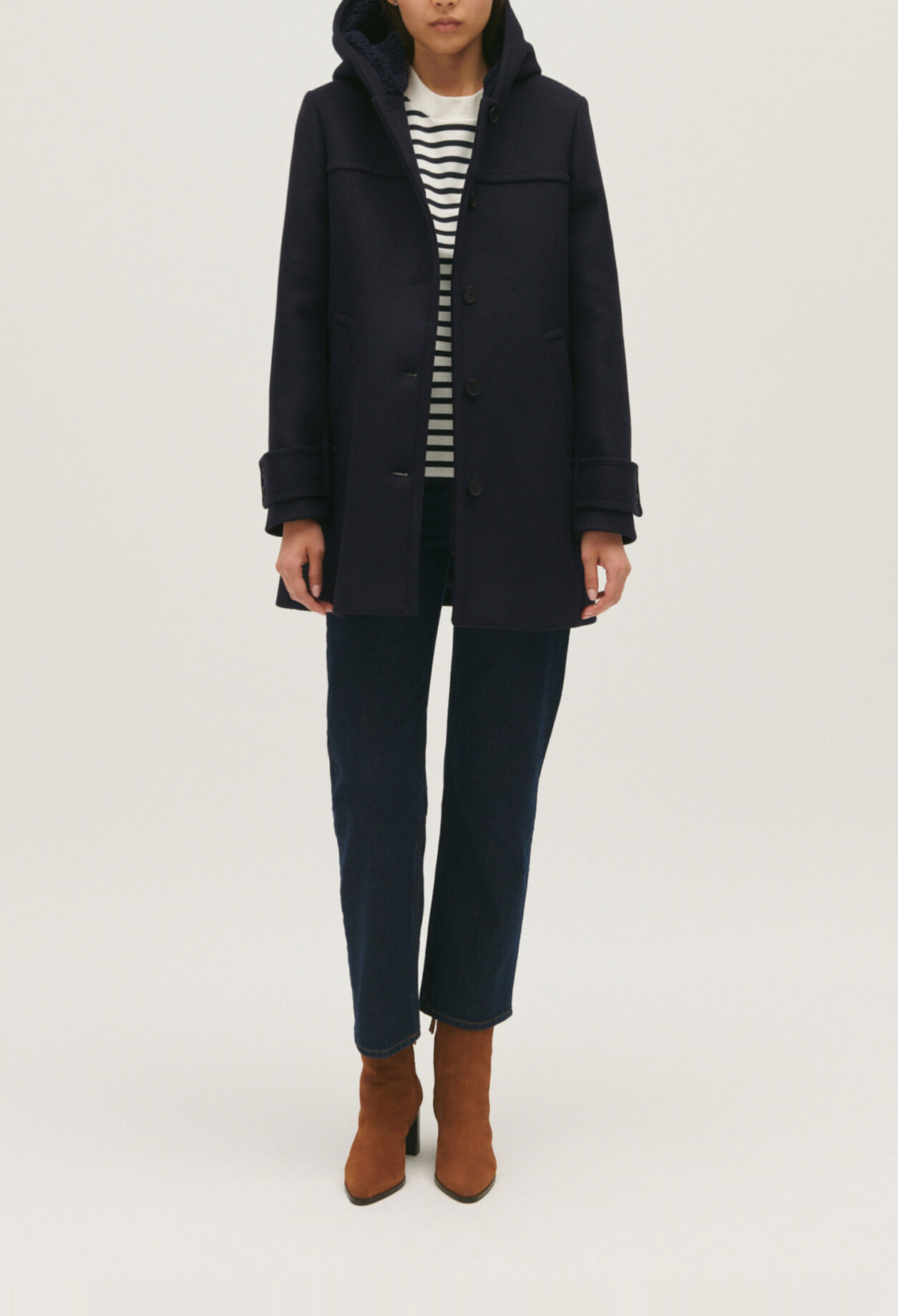 Manteau marine capuche laine mélangée
