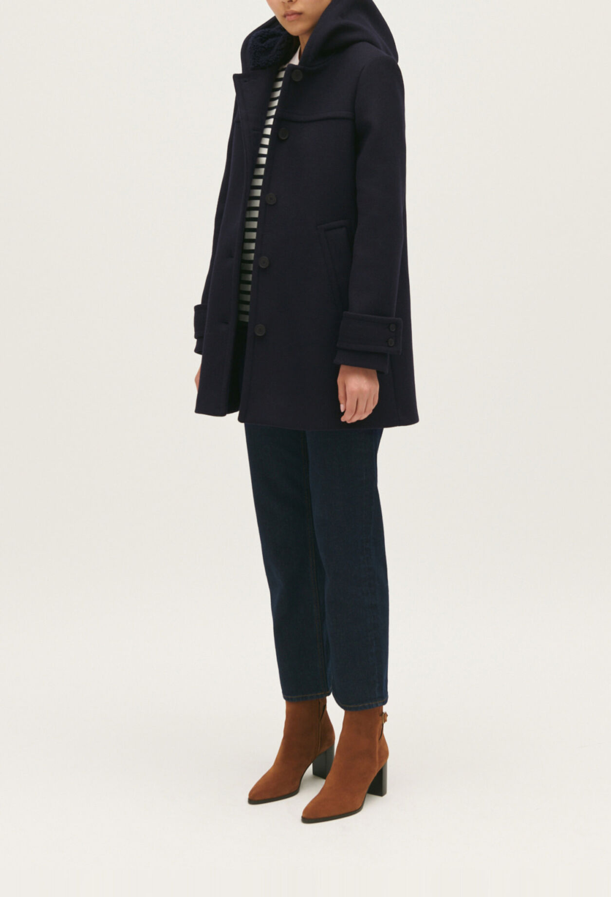 Manteau marine capuche laine mélangée