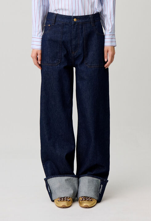 Jean jambes larges denim revers brod&eacute;