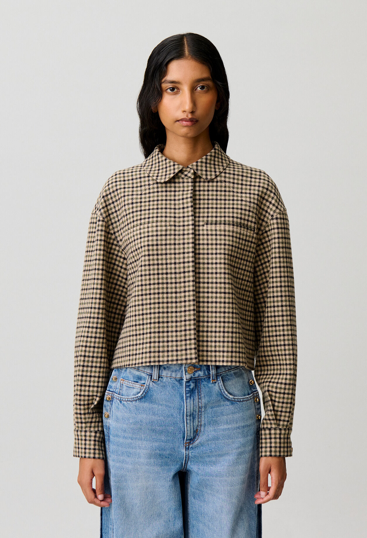 Veste courte laine m&eacute;lang&eacute;e &agrave; carreaux