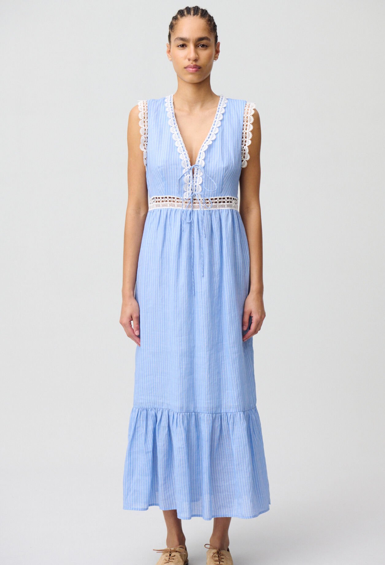 Robe longue rayée dentelle