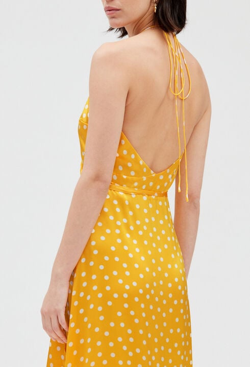 Robe longue portefeuille soie jaune