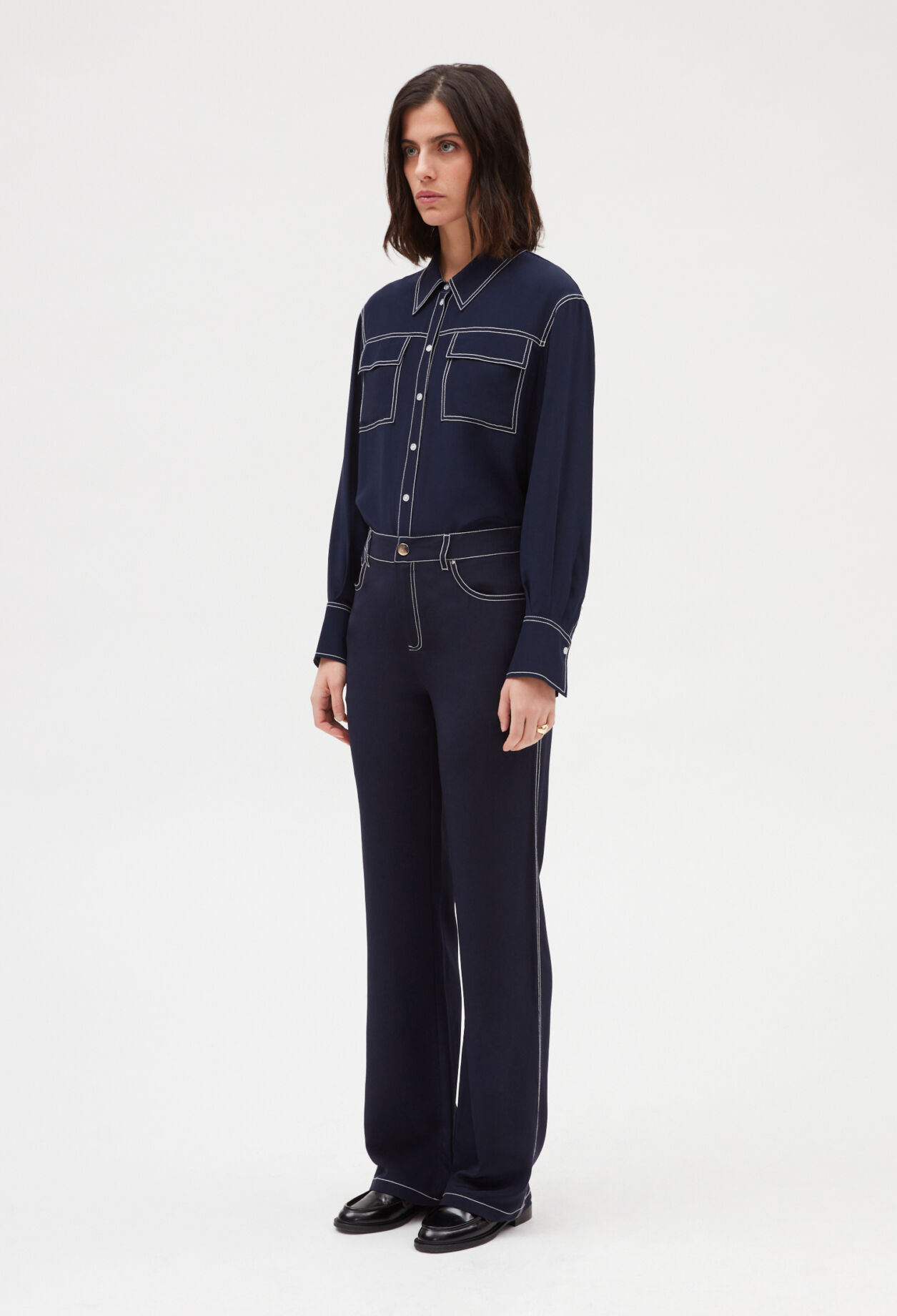 Chemise soie manches longues bleue